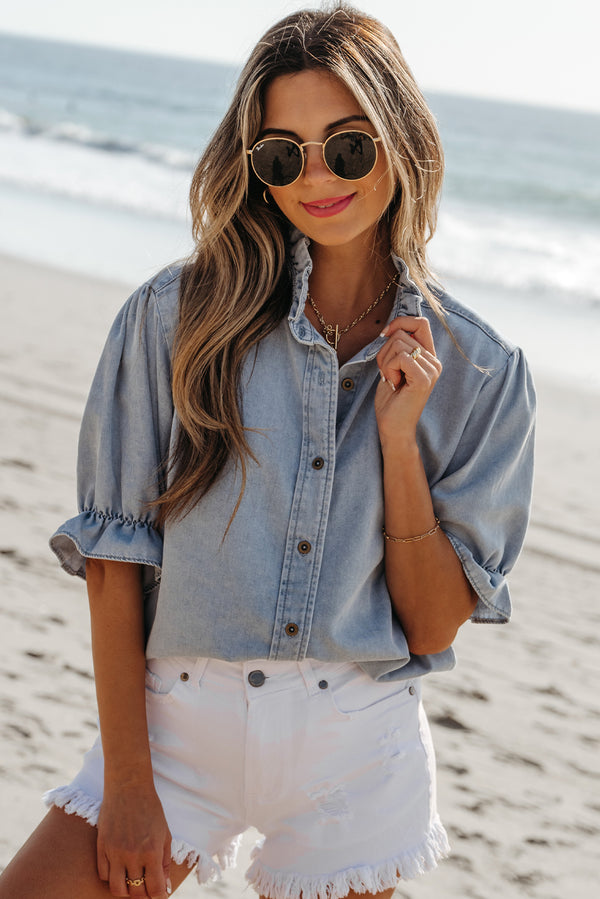 Short femme à volants, manches bouffantes — bleu ciel