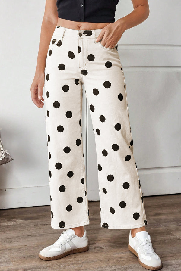Jean femme pois, jambe large — blanc