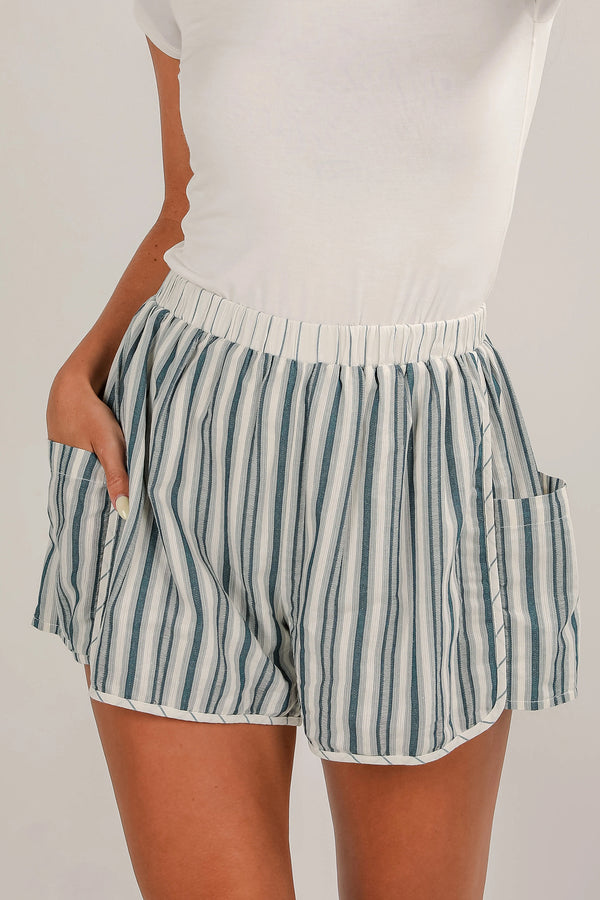Short femme rayé, poches, taille élastique, casual — gris