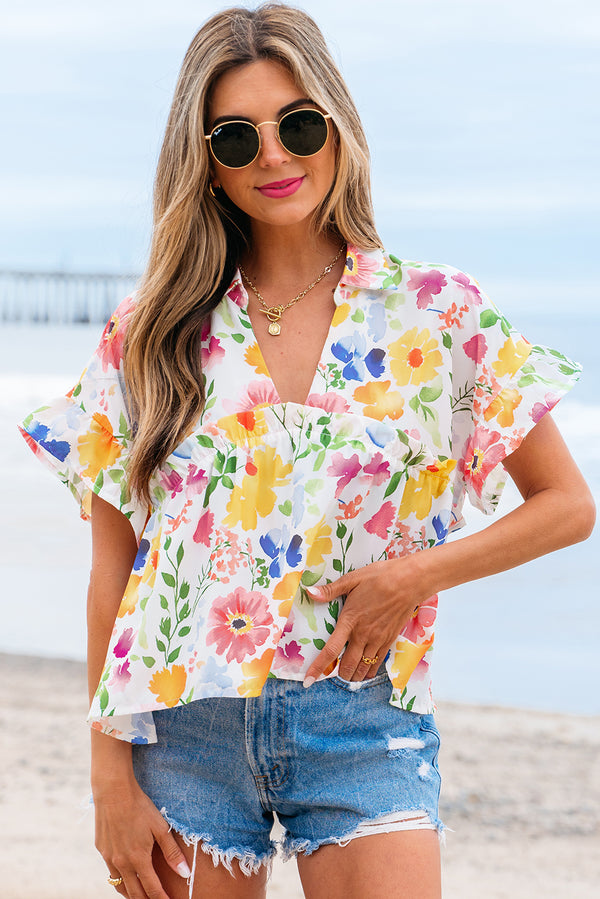 Blouse femme floral, à volants, manches courtes, col V — jaune