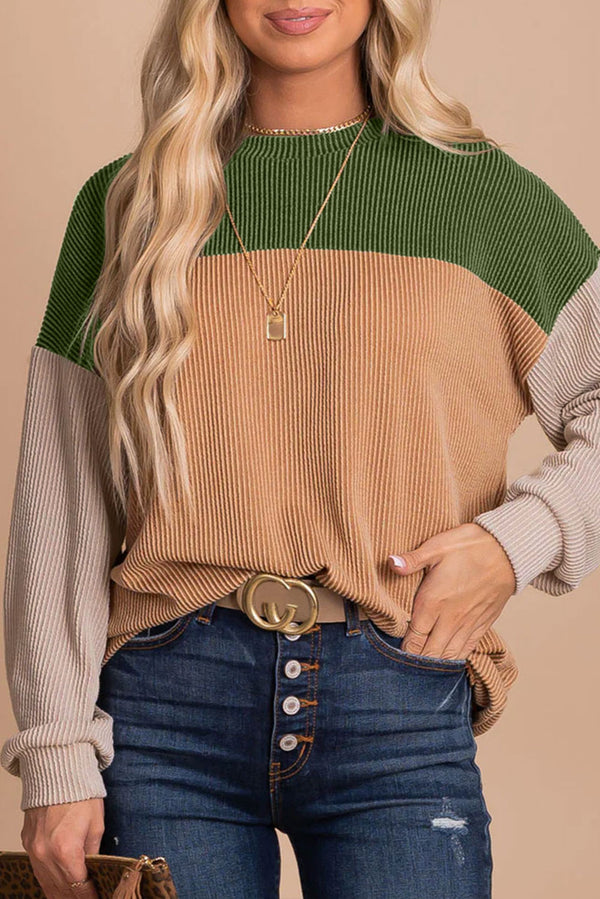 Haut femme manches longues, ample, côtelé, colorblock — vert