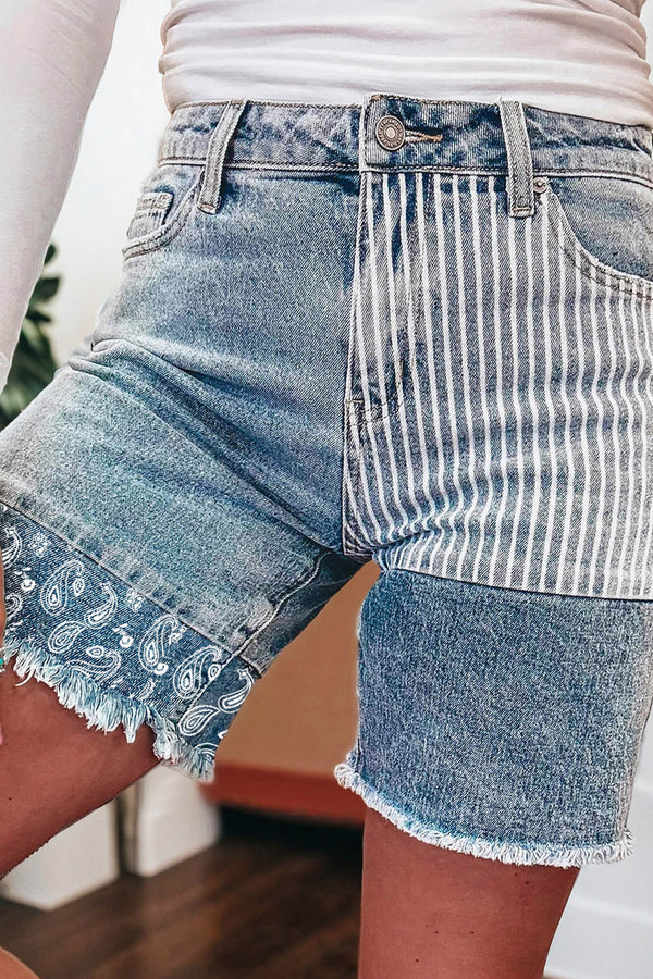 Short femme rayé, patchwork, denim — bleu ciel