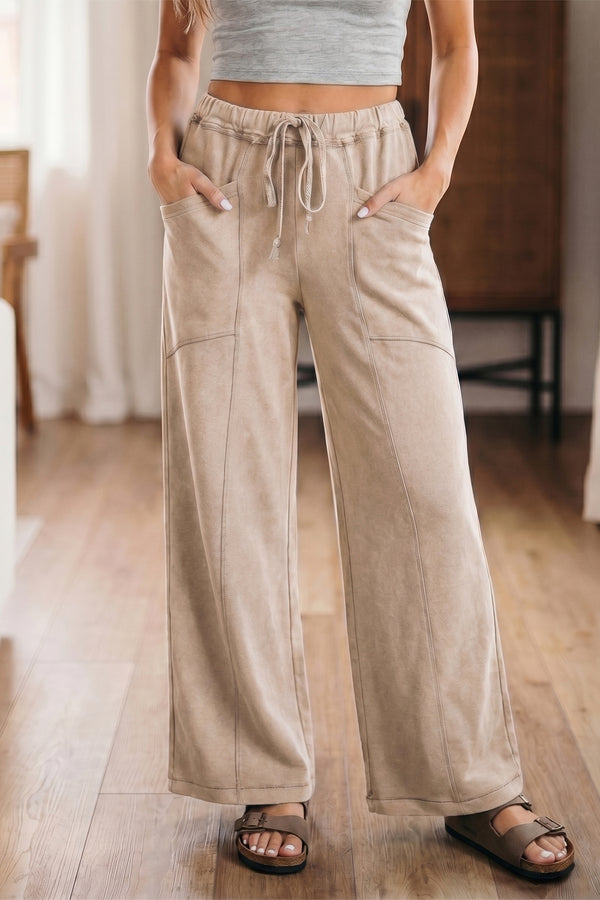 Pantalon femme à cordon, taille haute, jambe large — gris
