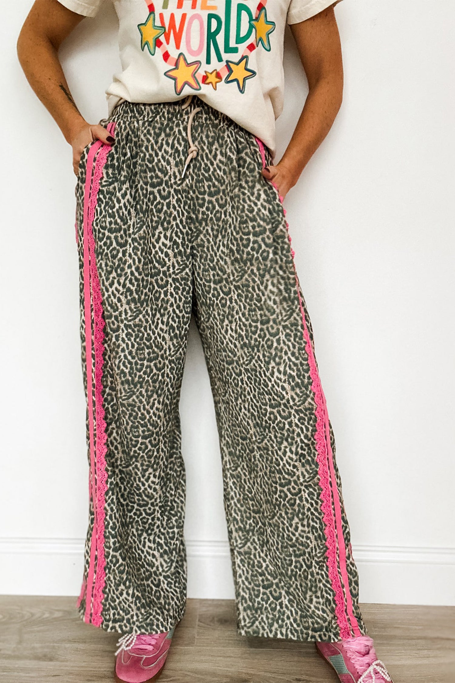 Pantalon femme léopard, rayé, à cordon — marron