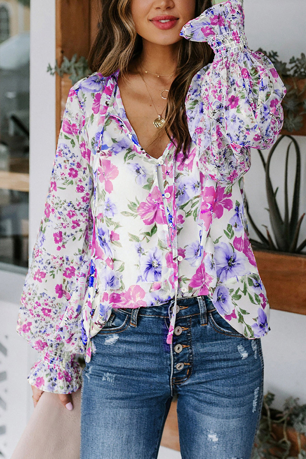 Blouse femme floral, smocké, casual