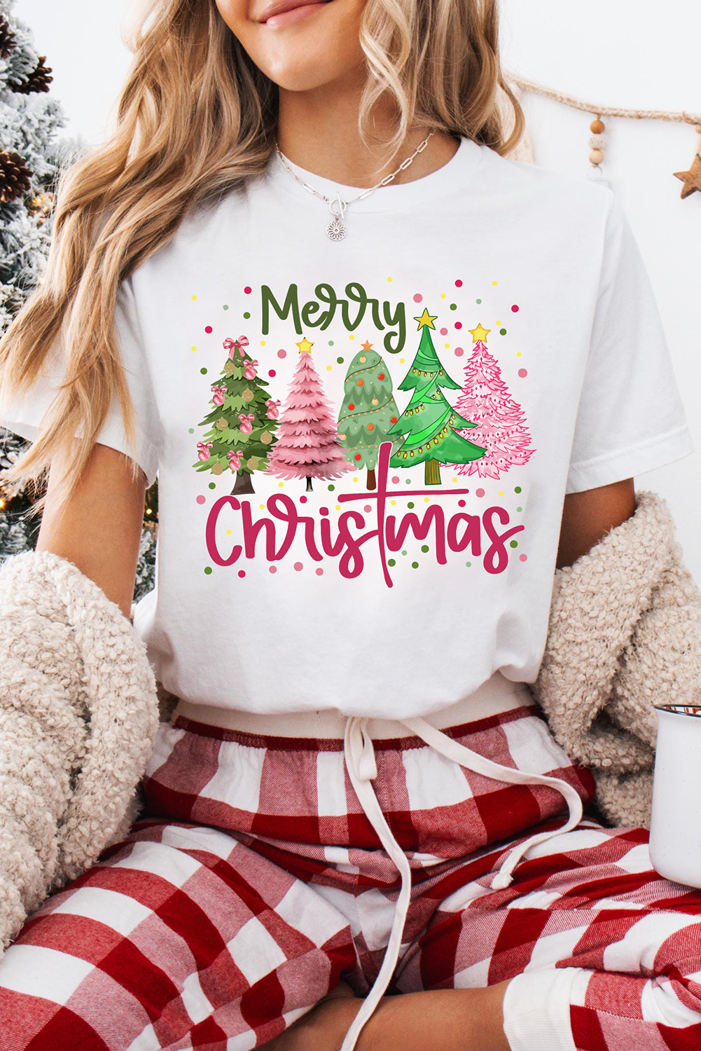 T-shirt femme graphique, Noël, col rond — blanc