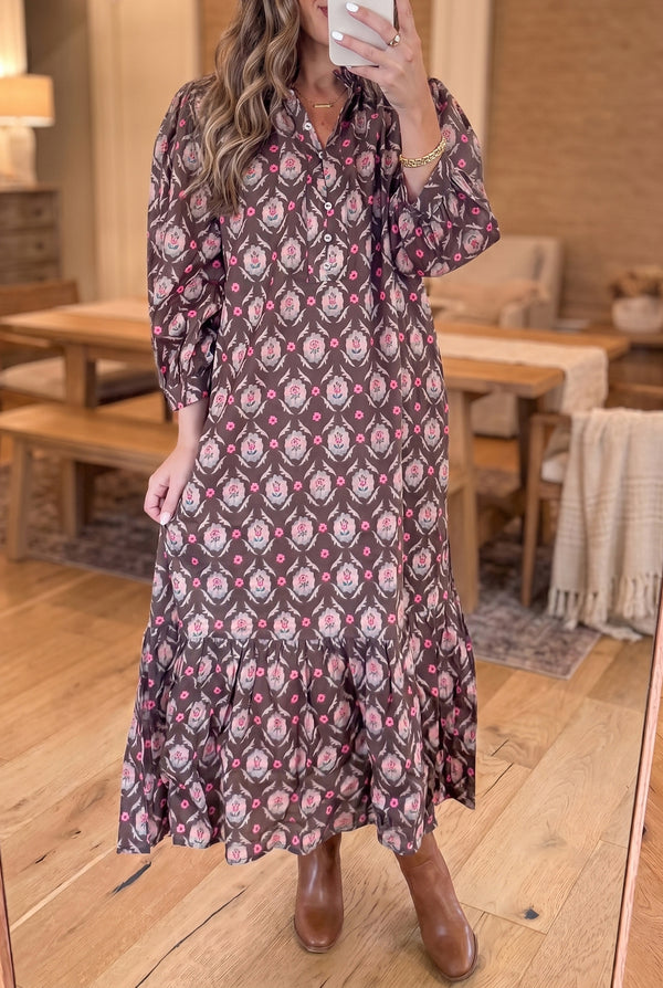 Robe midi femme floral, à volants, boutonnée, midi — marron