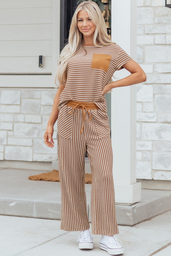 Pantalon femme rayé, à cordon, col rond, cropped — kaki-P1619