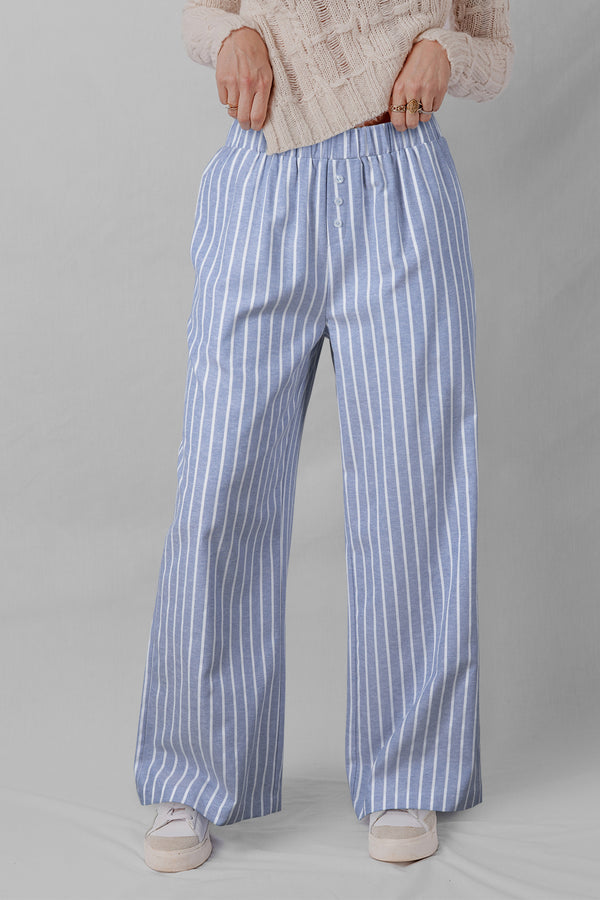 Pantalon femme rayé, boutonnée, ample, casual — bleu ciel
