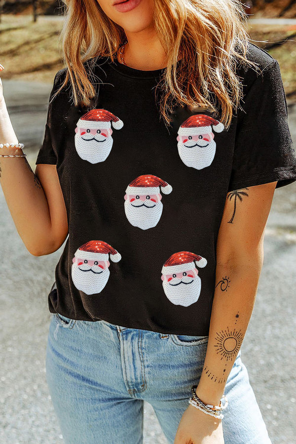 T-shirt femme paillettes, Noël, col rond — noir