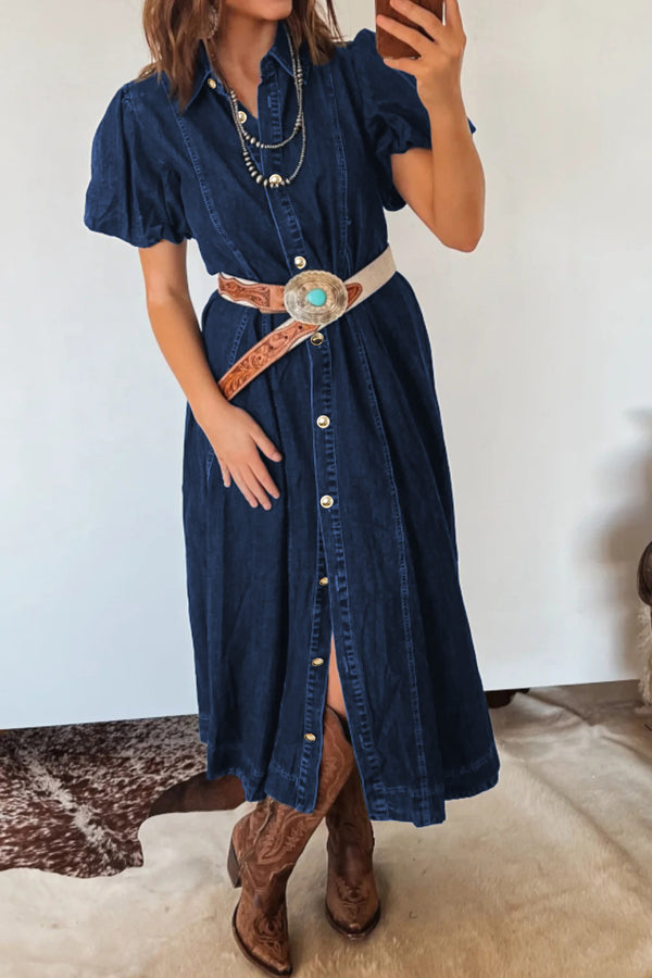 Robe femme boutonnée, manches ballon, denim — bleu