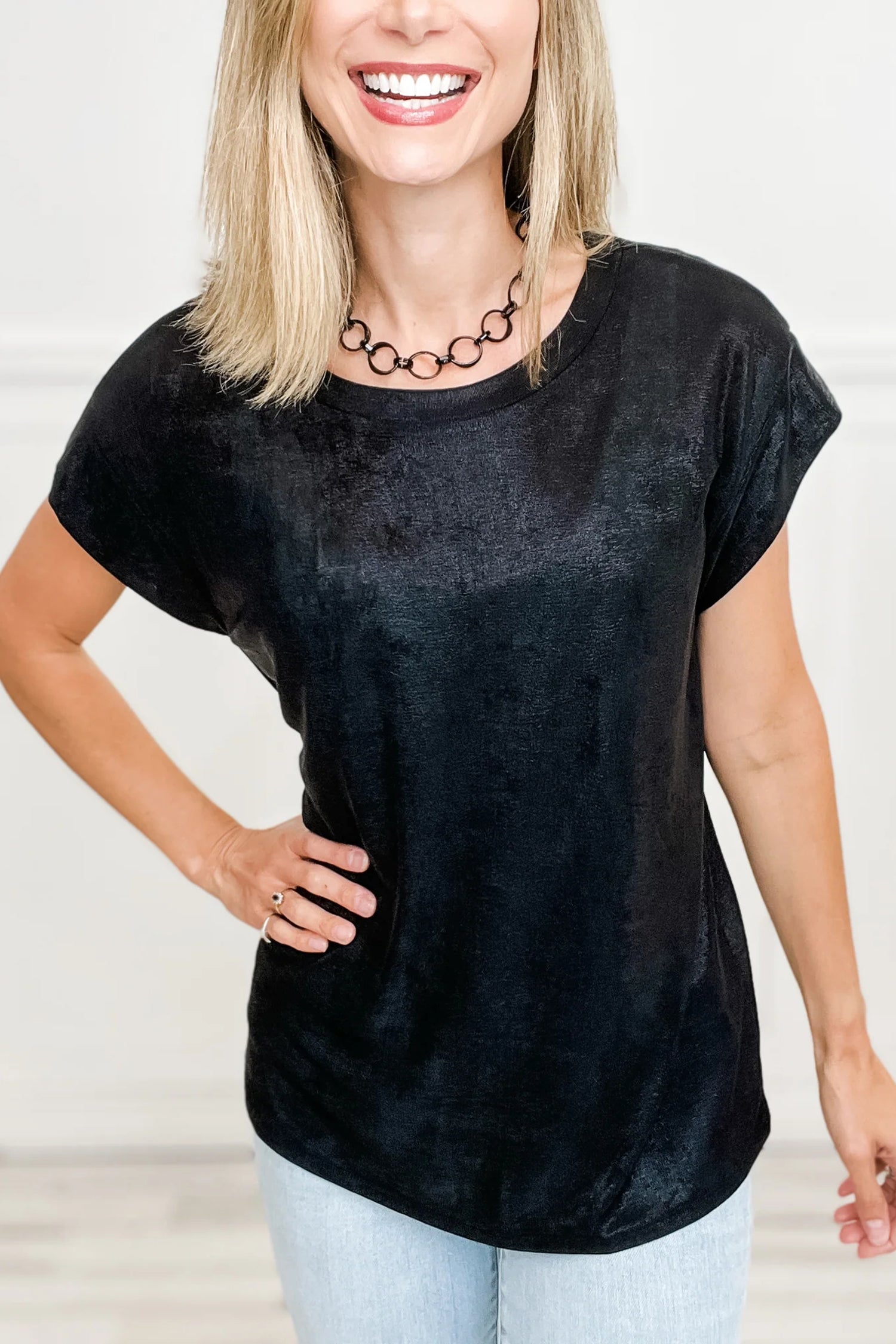 T-shirt femme métallisé, col rond — noir