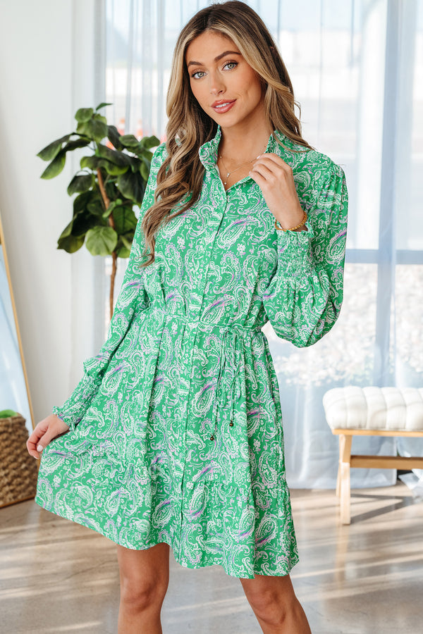 Robe courte femme boutonnée, manches longues — vert