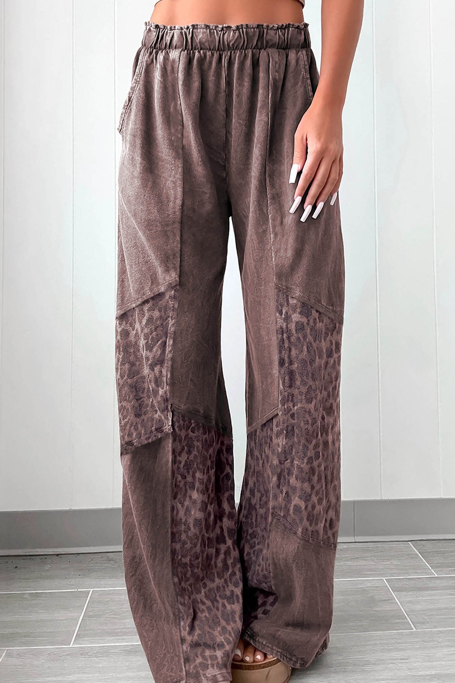 Pantalon femme léopard, patchwork, ample — café