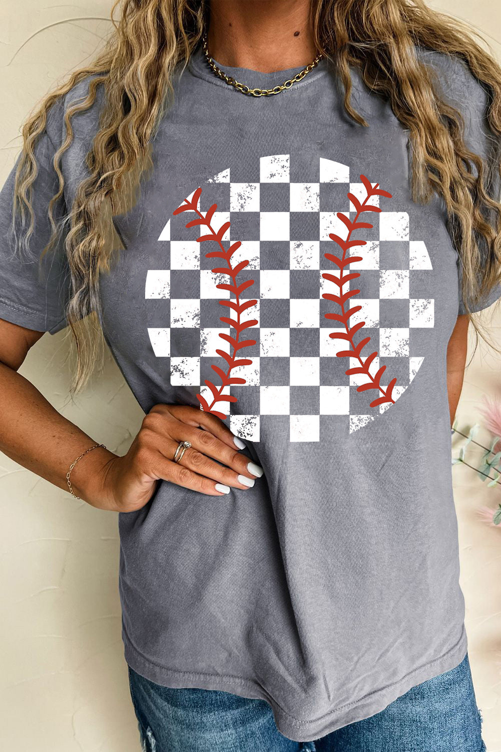 T-shirt femme graphique, à carreaux, vintage — gris