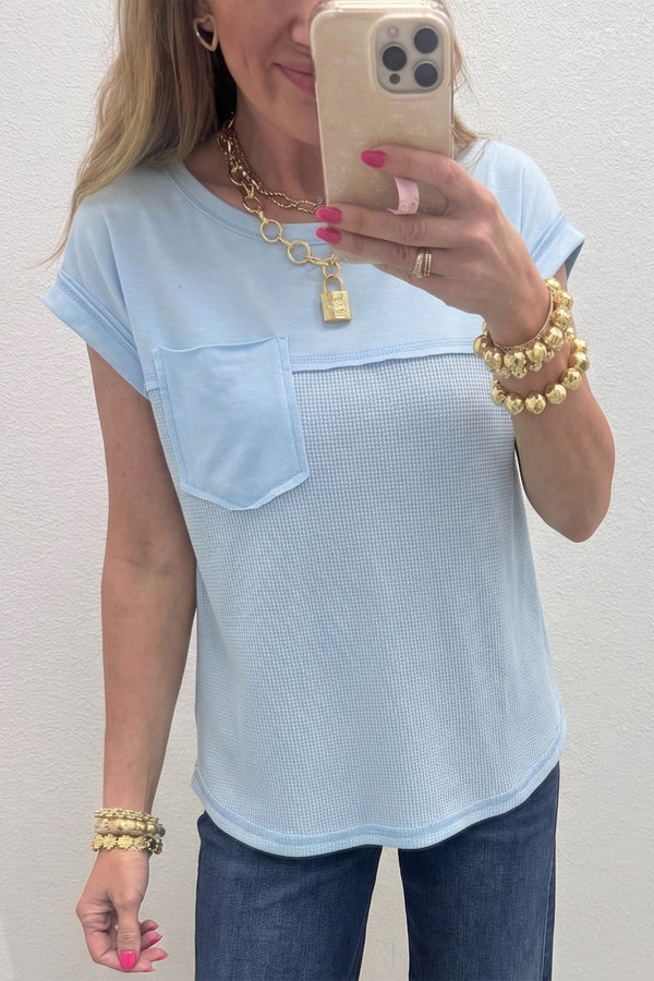 T-shirt femme patchwork, gaufré, casual, uni — bleu clair