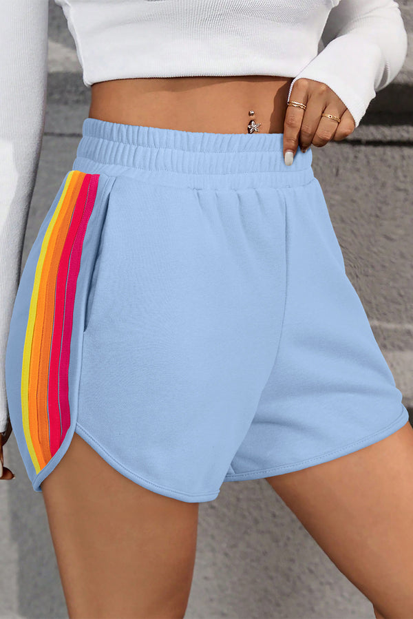Short femme rayé, taille haute, colorblock — bleu ciel