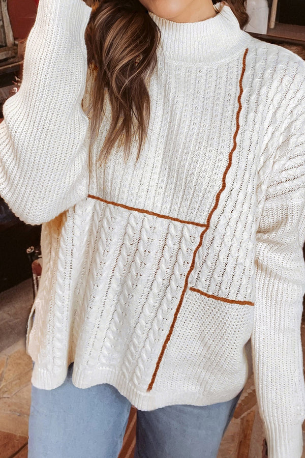 Pull femme patchwork, col montant — blanc