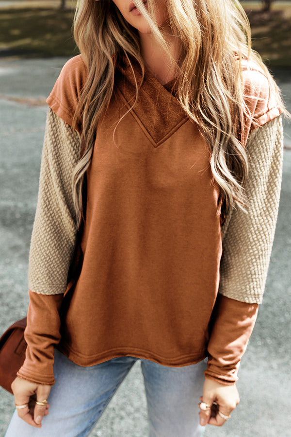 Chestnut Contrast Sleeves Patchwork Colorblock Hoodie femme