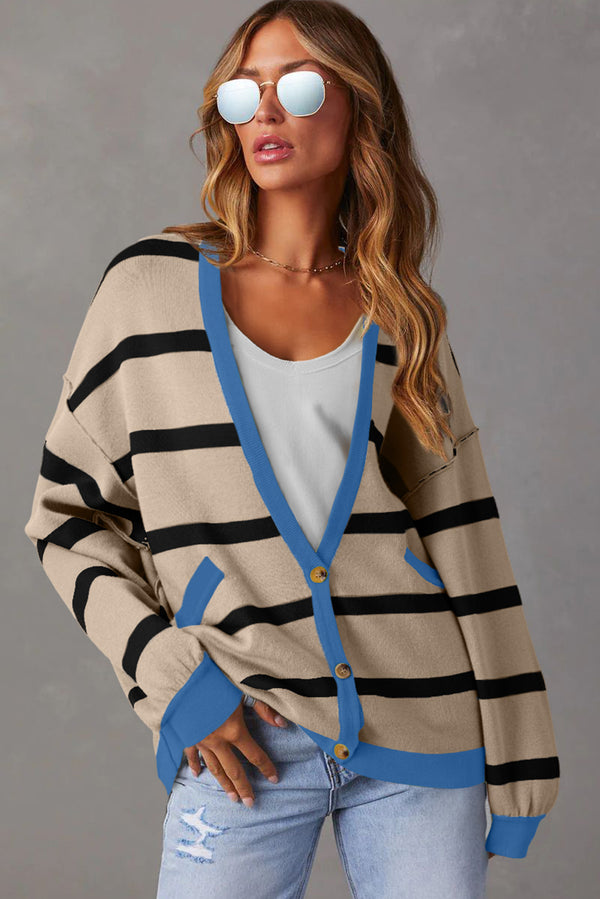 White Colorblock Drop Shoulder Buttoned Loose Cardigan femme-P122