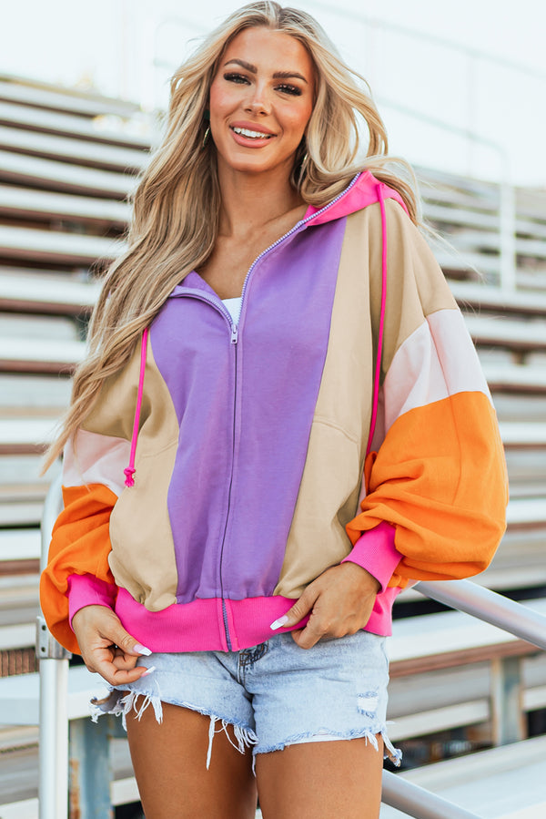 Grapefruit Orange Oversized Colorblock Patchwork Full Zipped Hoodie femme · LC25315243-P3014 · LC25315243-P3014-L