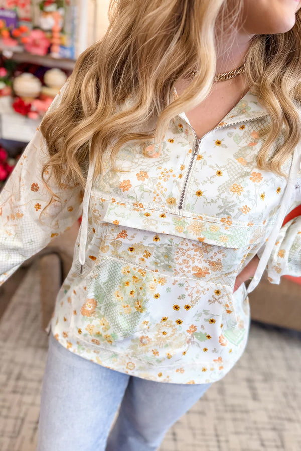 Haut femme floral, zip, à capuche, manches longues — jaune