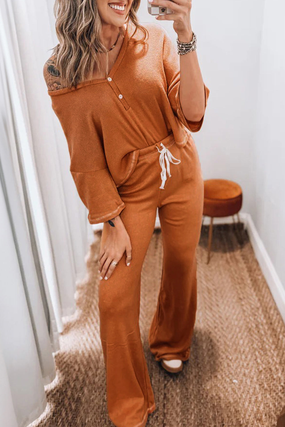 Pantalon femme à cordon, boutonnée, manches 3/4, col V — orange