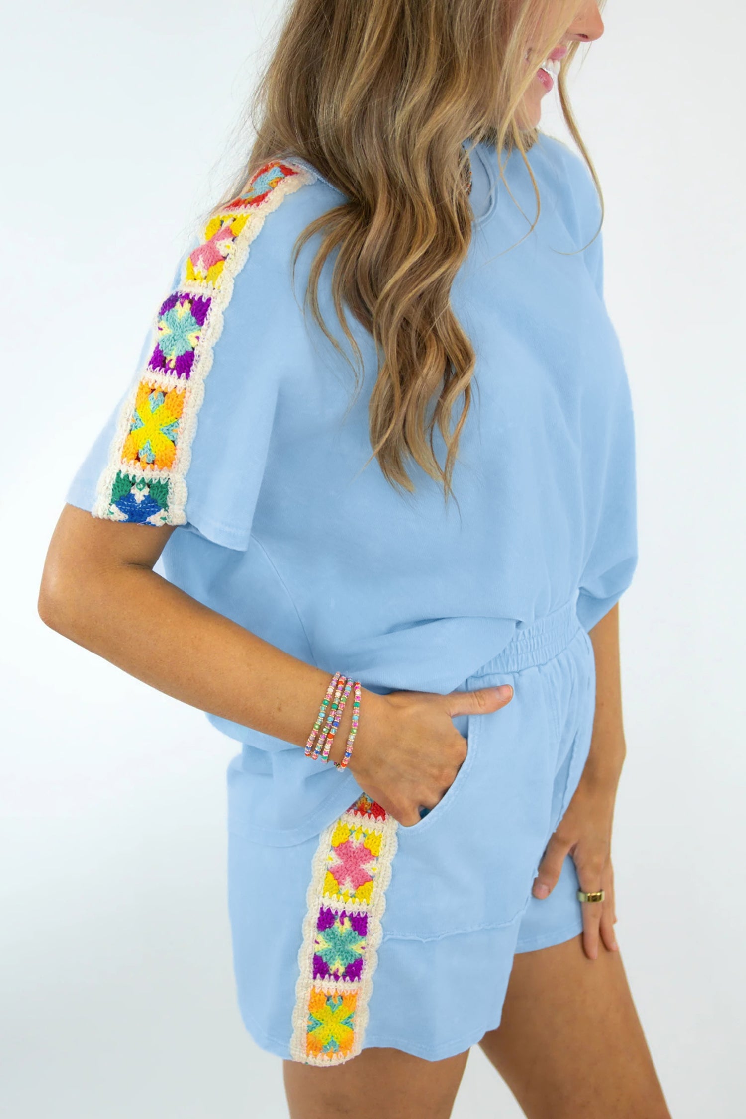 Mist Blue Granny Square Crochet Detail Short 2pcs Set femme