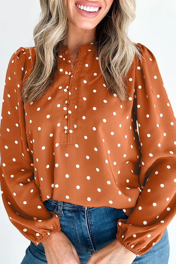Blouse femme pois, boutonnée, demi-boutonnage, manches longues, col V — marron