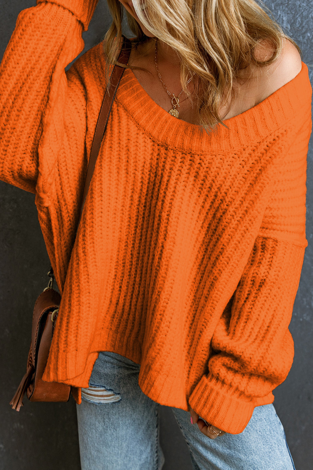 Pull femme en maille, col rond, côtelé — orange