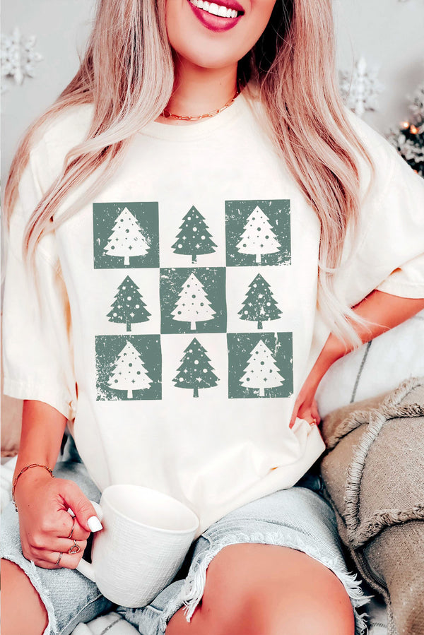 T-shirt femme graphique, à carreaux, Noël — blanc