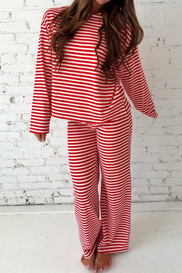 Ensemble femme rayé, manches longues, épaules tombantes — rouge