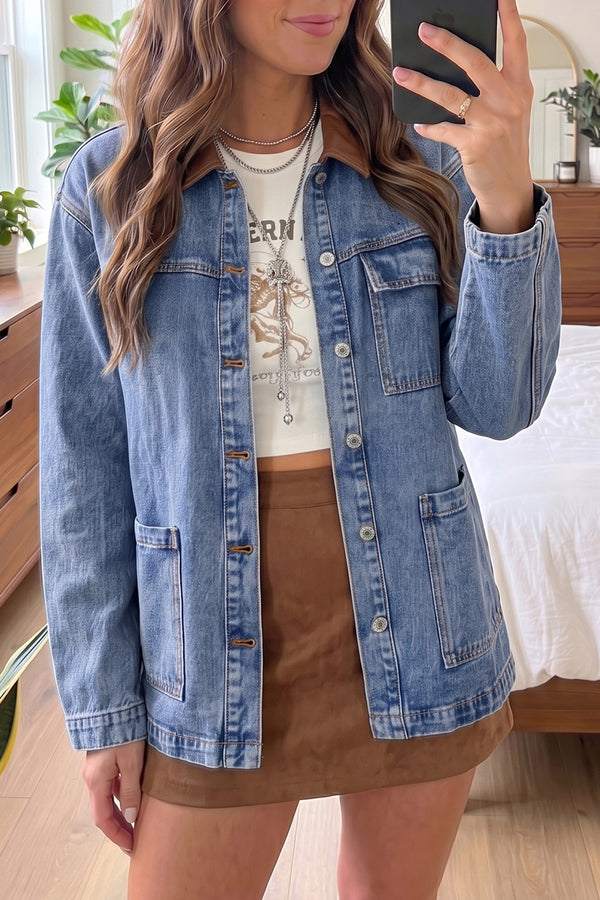 Veste femme patchwork, manches longues, denim — bleu ciel