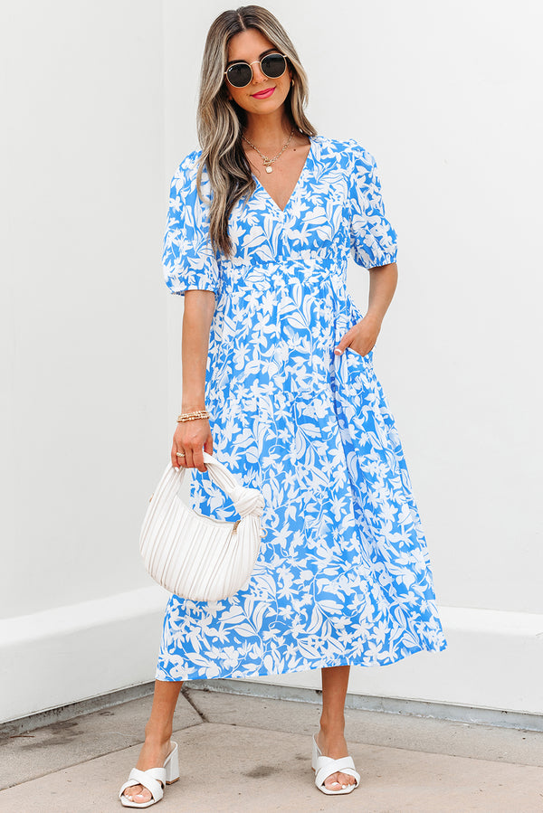 Robe femme floral, manches courtes, col V — bleu ciel