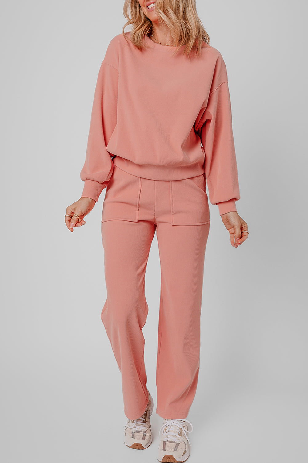 Ensemble femme en maille, poches, épaules tombantes, côtelé