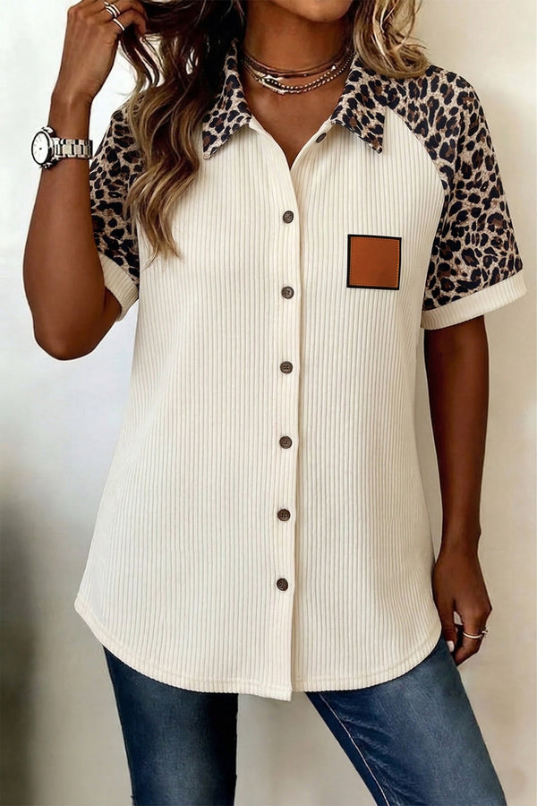 Chemise femme léopard, patchwork, boutonnée, manches courtes, côtelé — blanc