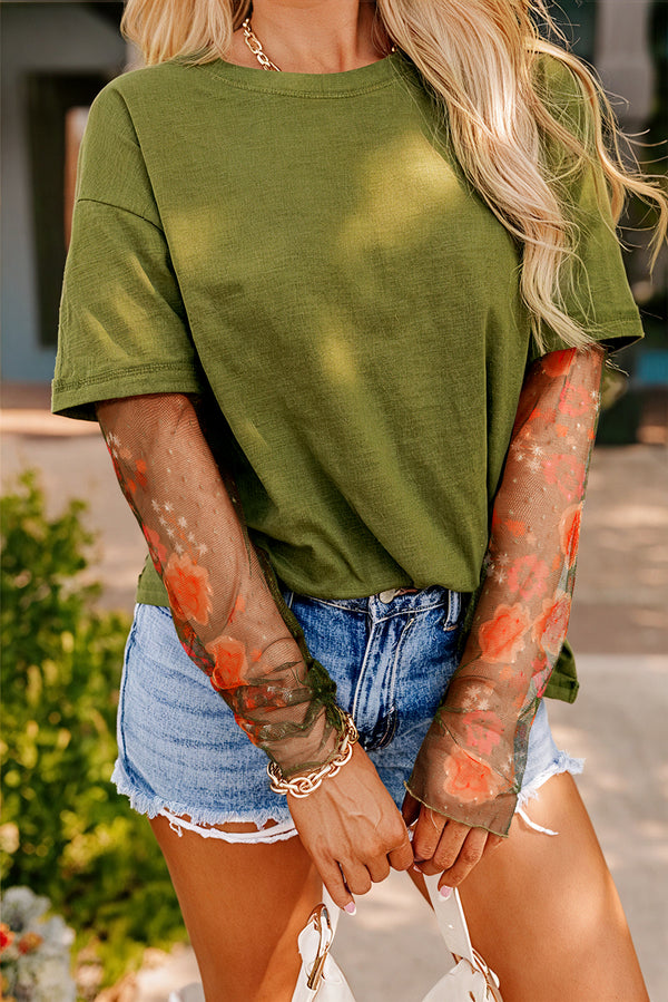 Ensemble femme floral, patchwork, manches longues — vert