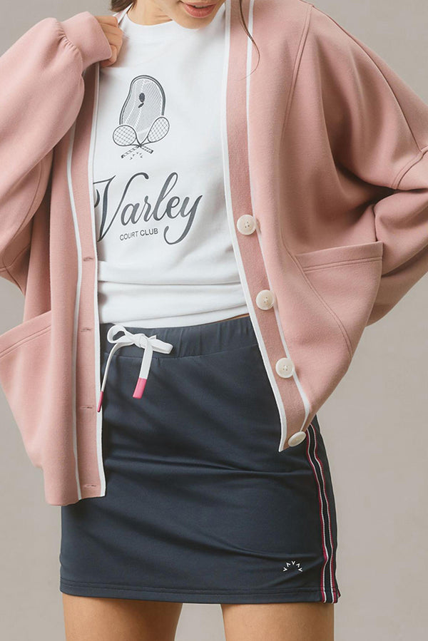 Cardigan femme rayé, en maille, boutonnée, poches, col V, bordure contrastée — rose