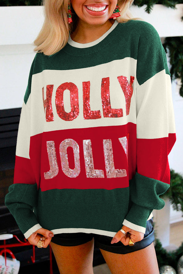 Pull femme paillettes, Noël, col rond, colorblock — vert
