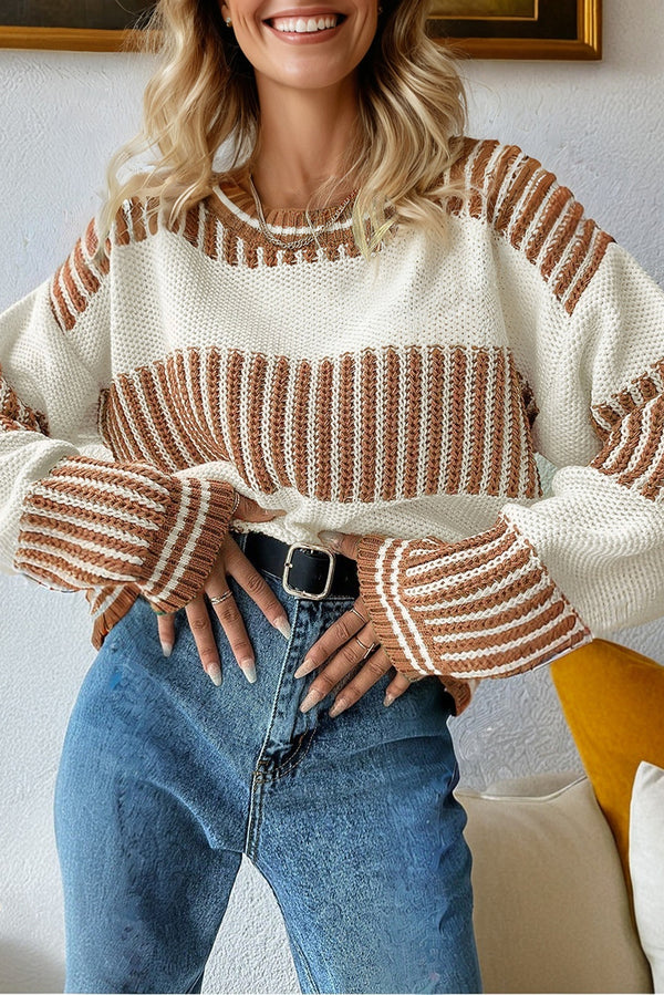 Pull femme rayé, patchwork, épaules tombantes, ample — kaki
