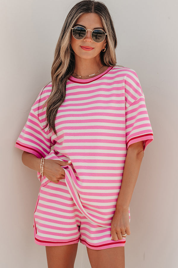 Ensemble femme rayé, manches courtes, ample, casual, bordure contrastée — rose