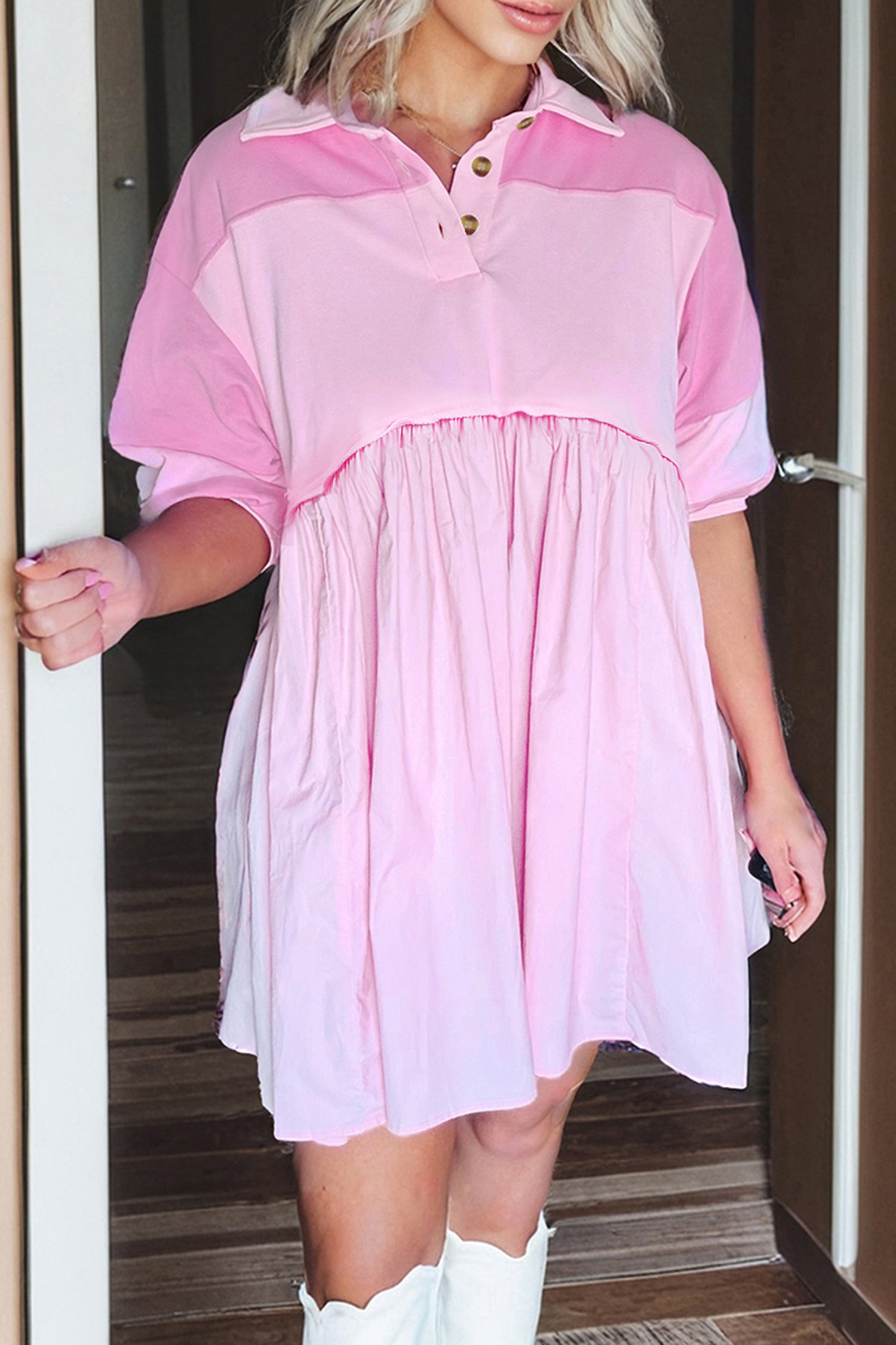 Robe courte femme patchwork, boutonnée, colorblock — rose