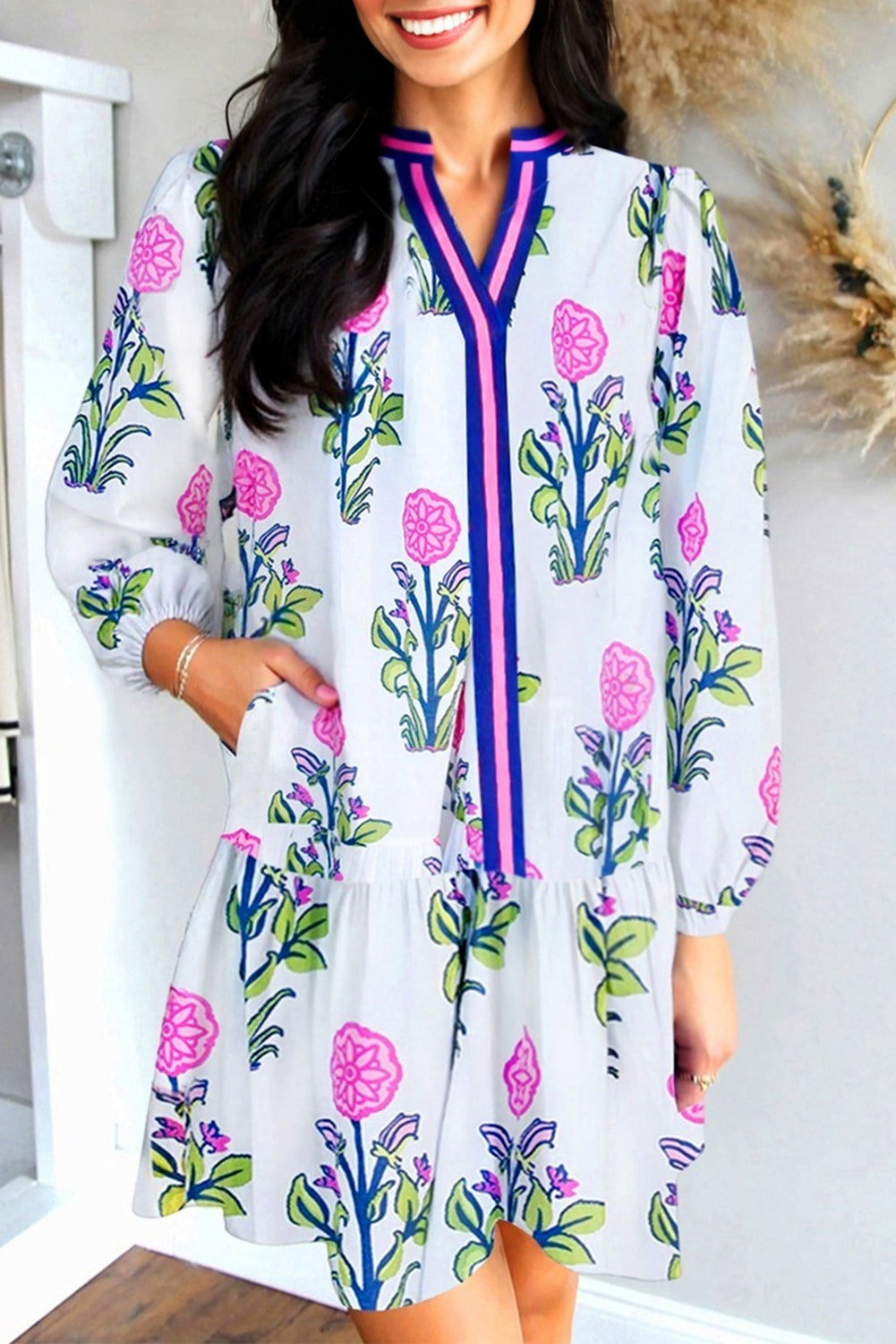 Robe femme floral, rayé, manches longues — blanc