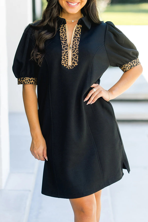 Mini robe léopard patchwork col zippé manches courtes bouffantes droite noir