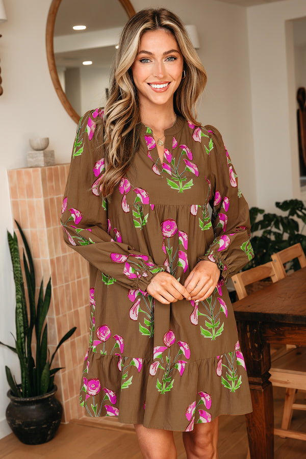 Robe femme floral, à volants, manches bouffantes — marron