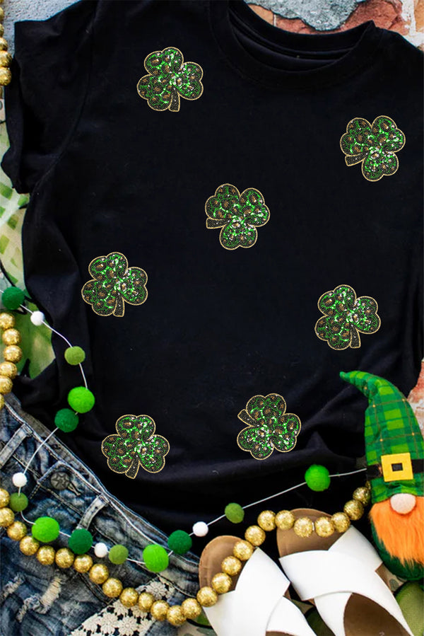 T-shirt femme léopard, graphique, paillettes, col rond — noir