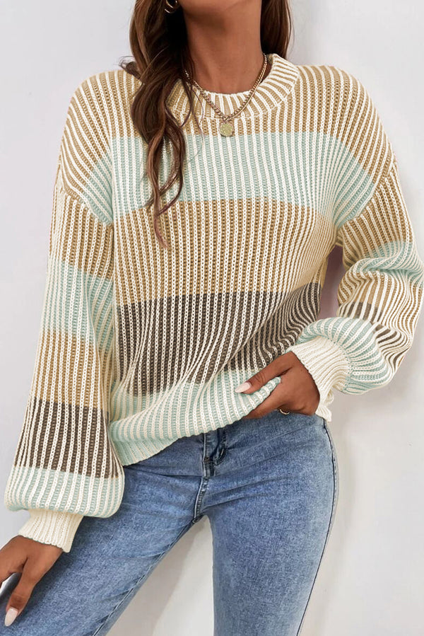 Pull femme en maille, manches ballon, colorblock — marron