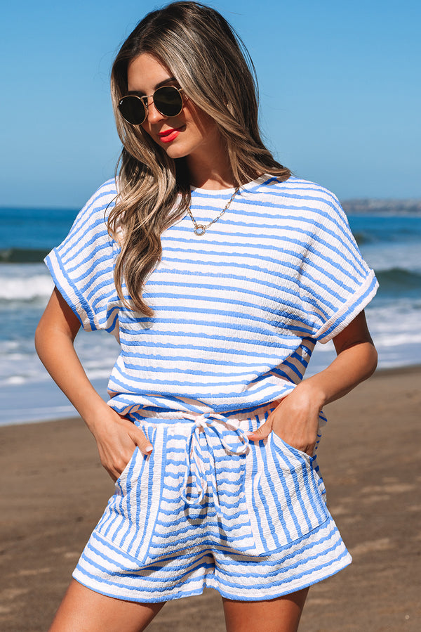 Ensemble femme rayé, en maille, à cordon, manches courtes — bleu ciel