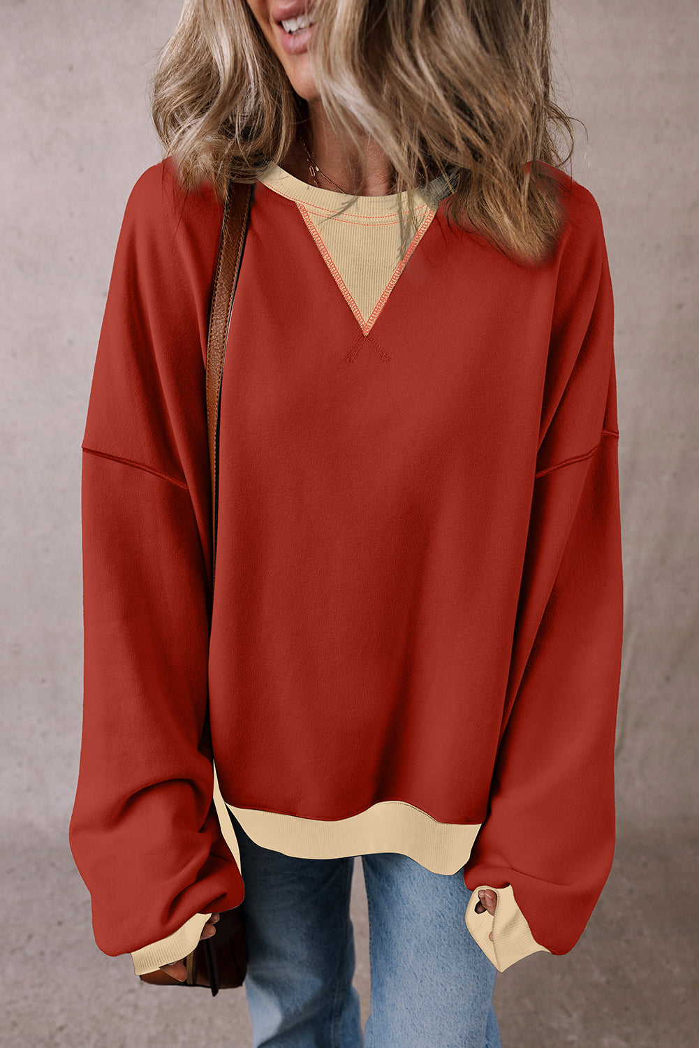 Sweat femme épaules tombantes, oversized, colorblock — rouge