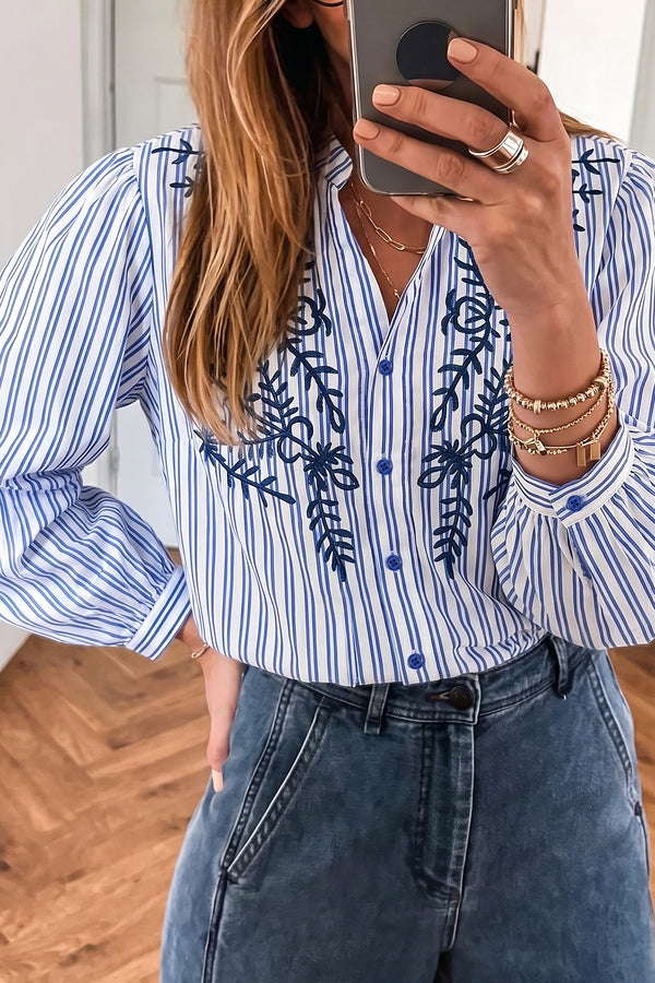 Chemise femme brodé, rayé, boutonnée, manches longues — bleu